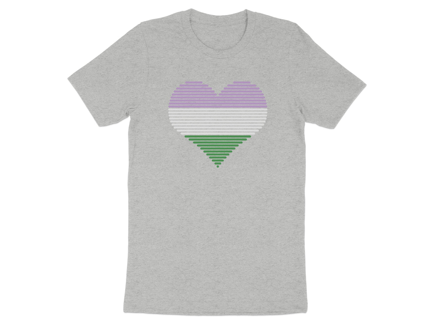 Grey t-shirt with a striped heart graphic in lavender, pink, and green.