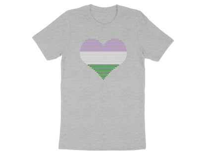 Grey t-shirt with a striped heart graphic in lavender, pink, and green.