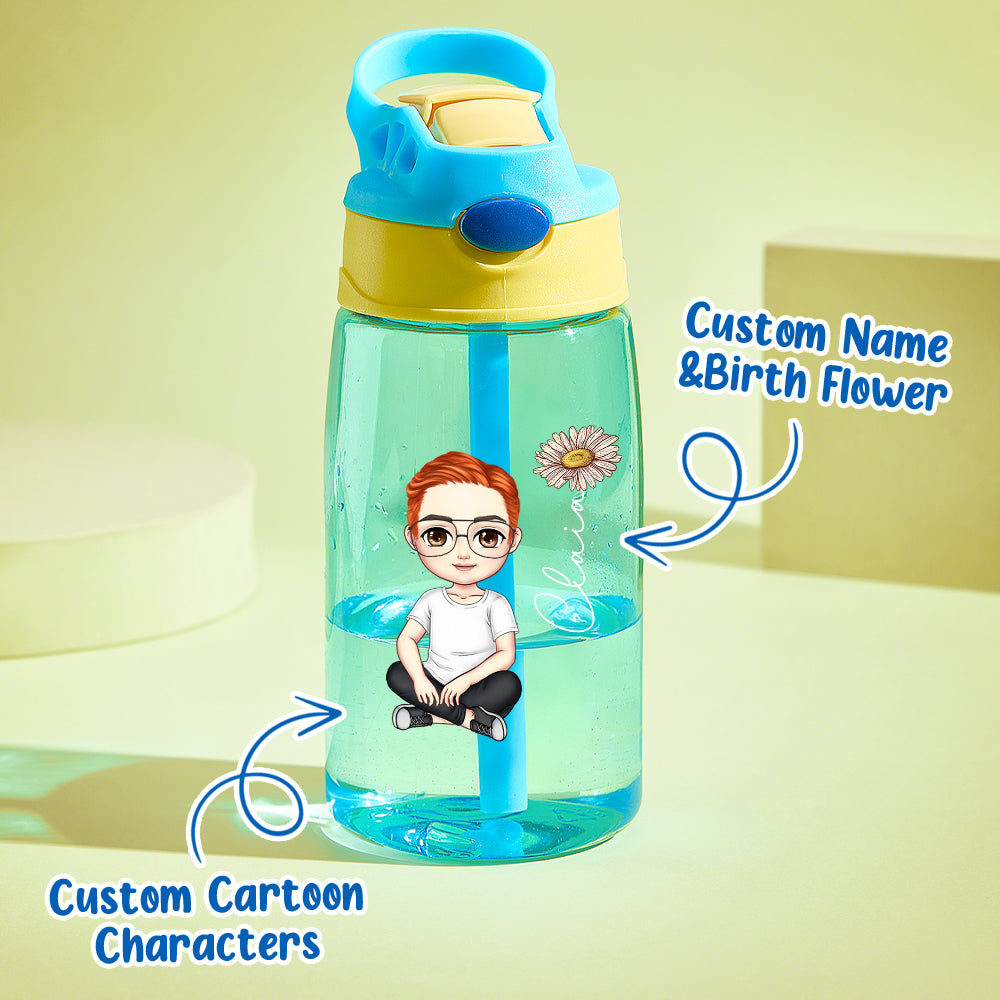 Personalized Cartoon Birth Flower 16oz Water Bottle Gift for Kids or Adults