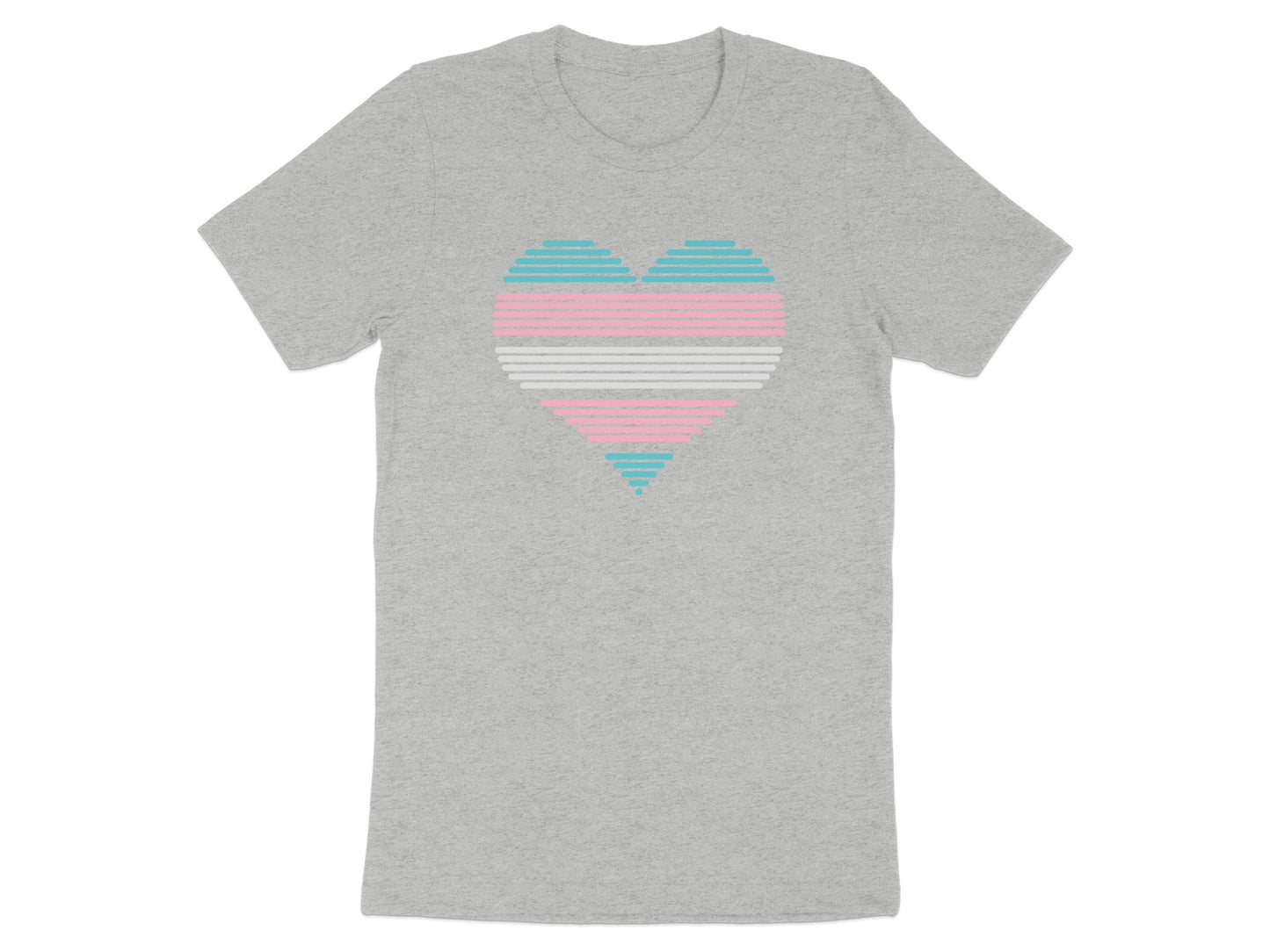 Gray t-shirt with a pink, white, and blue striped transgender pride heart graphic.