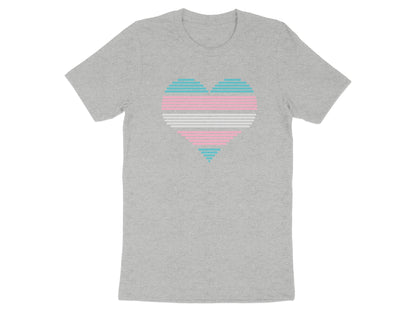 Gray t-shirt with a pink, white, and blue striped transgender pride heart graphic.