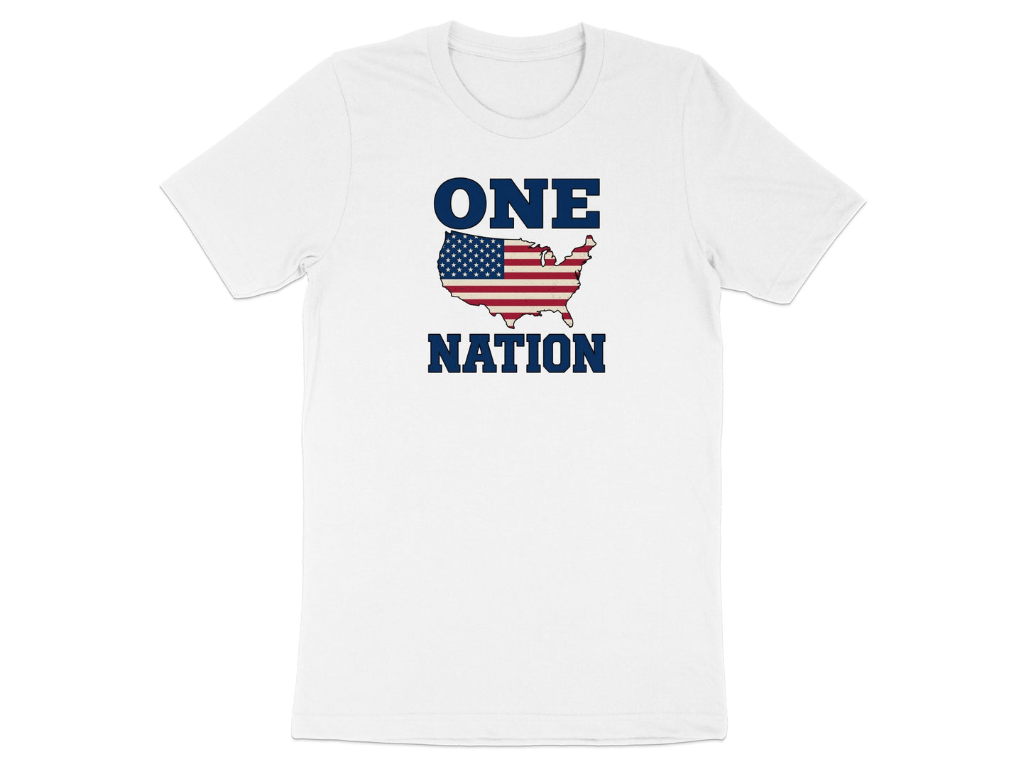White t-shirt with the United States map filled with the American flag, text "ONE NATION".