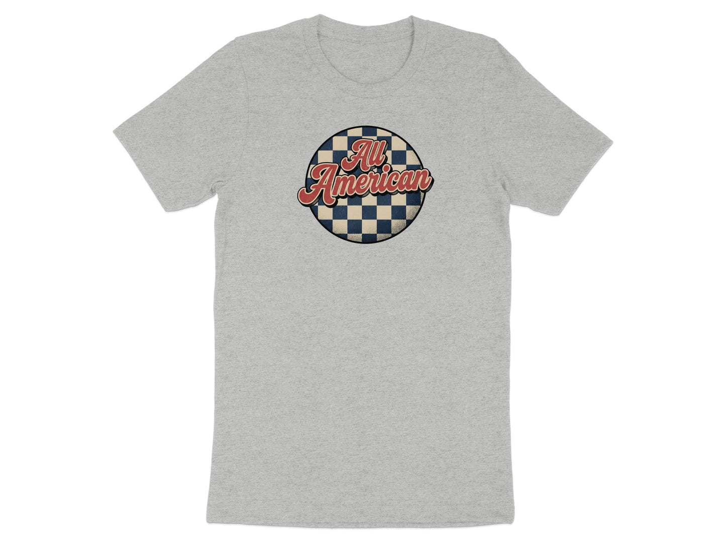 Grey t-shirt with a circular "All American" logo on a checkered background.
