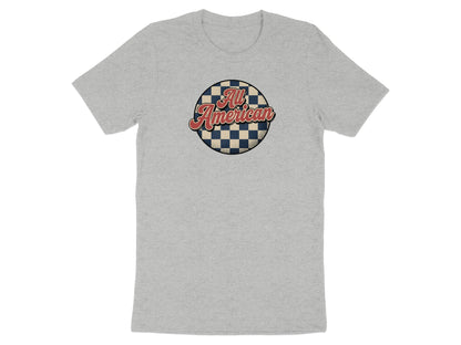 Grey t-shirt with a circular "All American" logo on a checkered background.