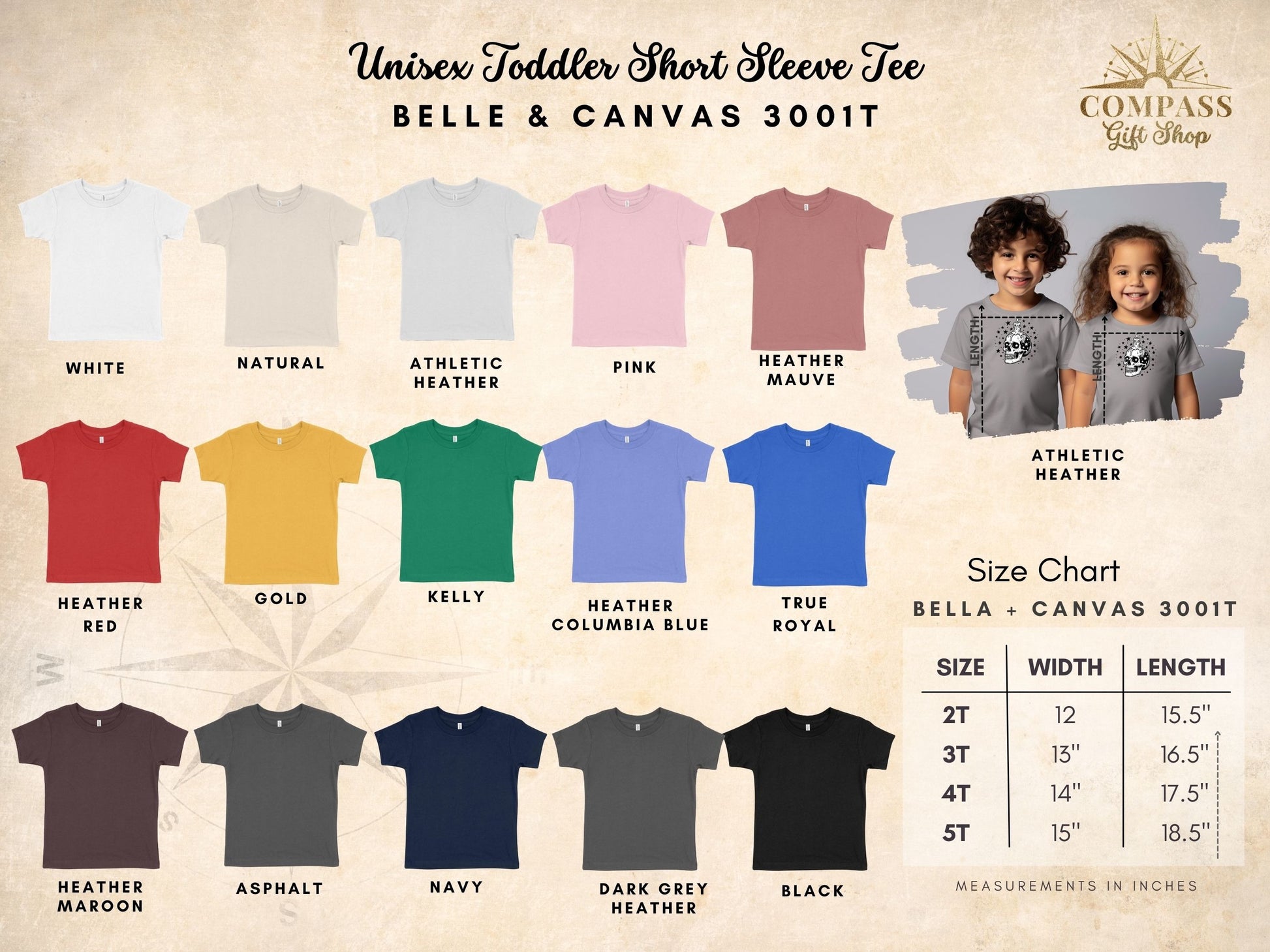 Unisex toddler short sleeve Belle + Canvas 3001T t-shirts in multiple colors.