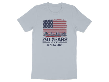Light blue t-shirt with "We The People 250 Years 1776 to 2026" and US flag graphic.