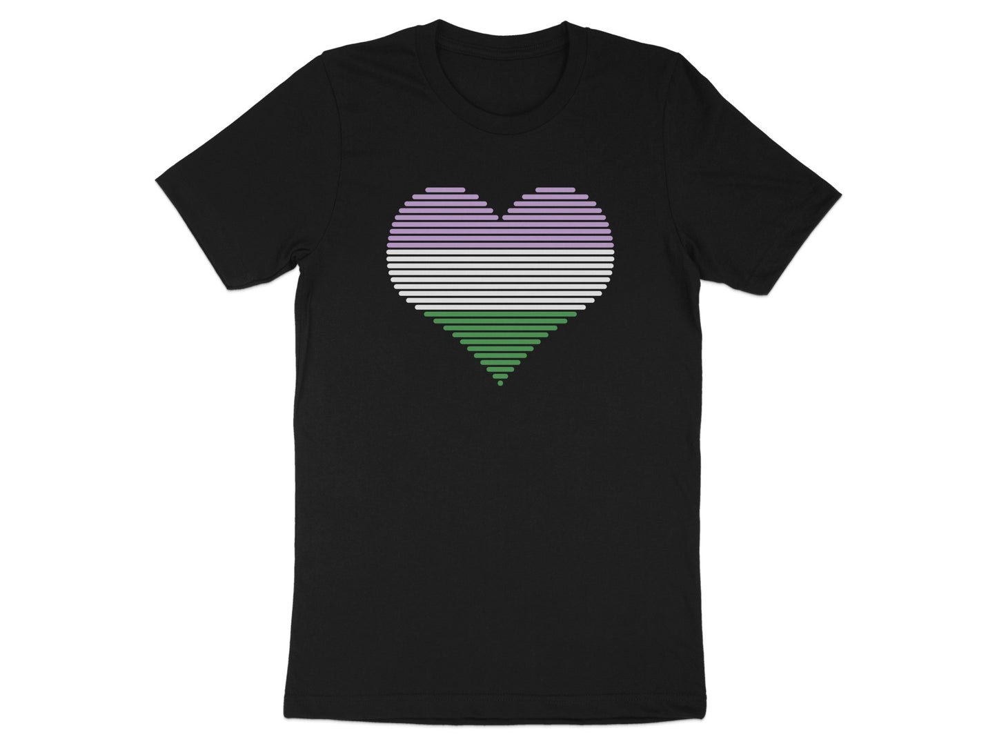 Black t-shirt with a horizontally striped genderqueer pride heart design.