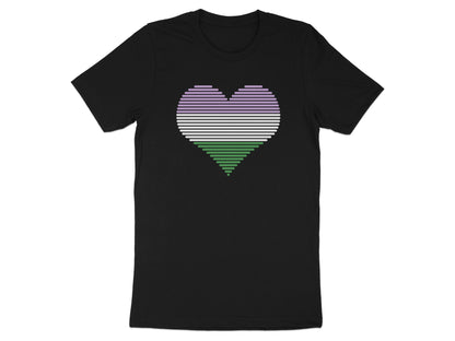 Black t-shirt with a horizontally striped genderqueer pride heart design.