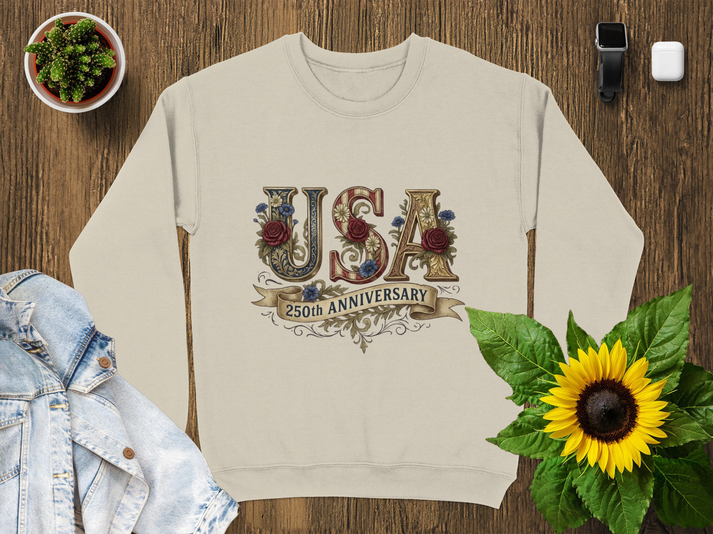 Cream sweatshirt with "USA 250th Anniversary" printed in vintage style.