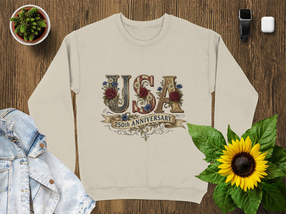 Cream sweatshirt with "USA 250th Anniversary" printed in vintage style.
