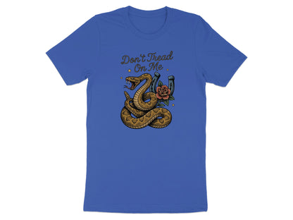 Blue t-shirt with coiled snake, rose, and "Don't Tread On Me" text.