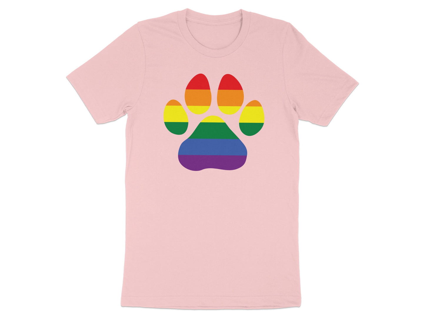 Pink t-shirt with rainbow paw print graphic.
