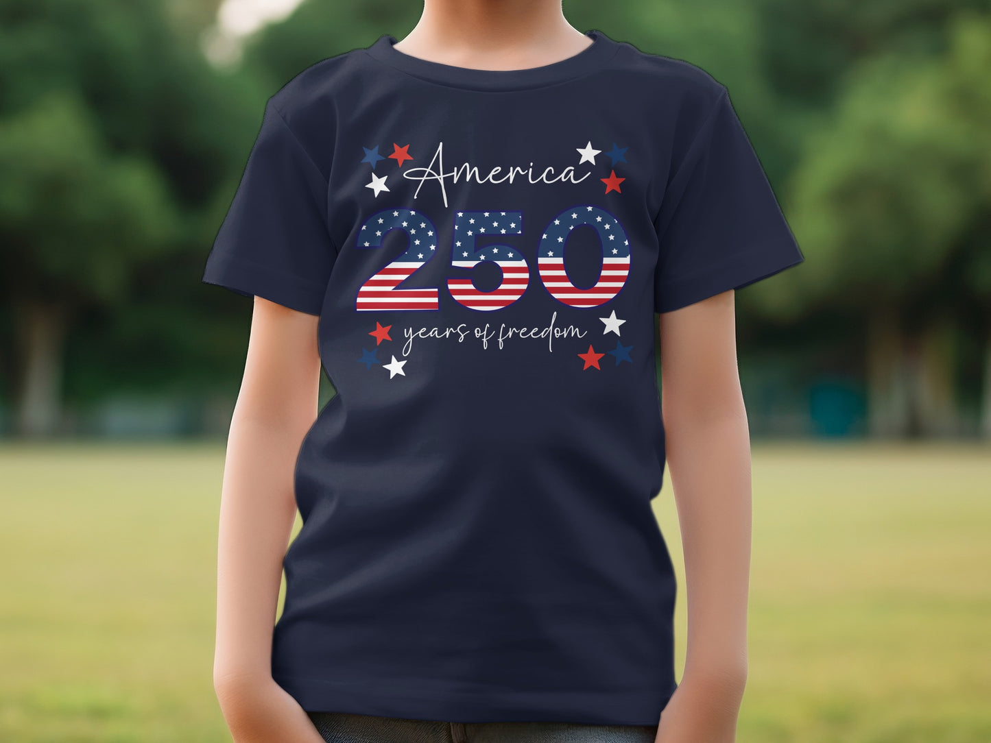 Navy t-shirt with "America 250 years of freedom" and star graphic.