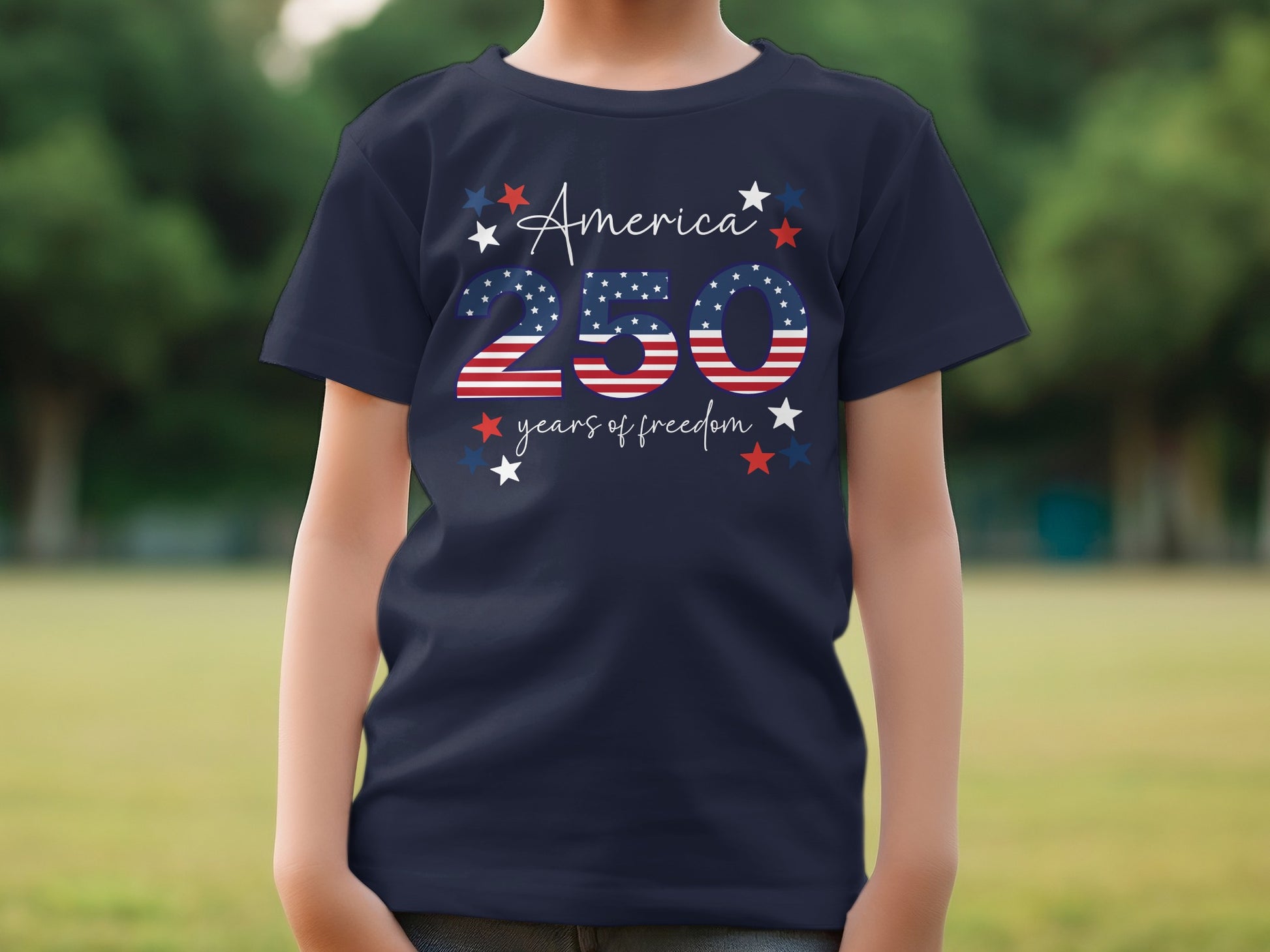Navy t-shirt with "America 250 years of freedom" and star graphic.