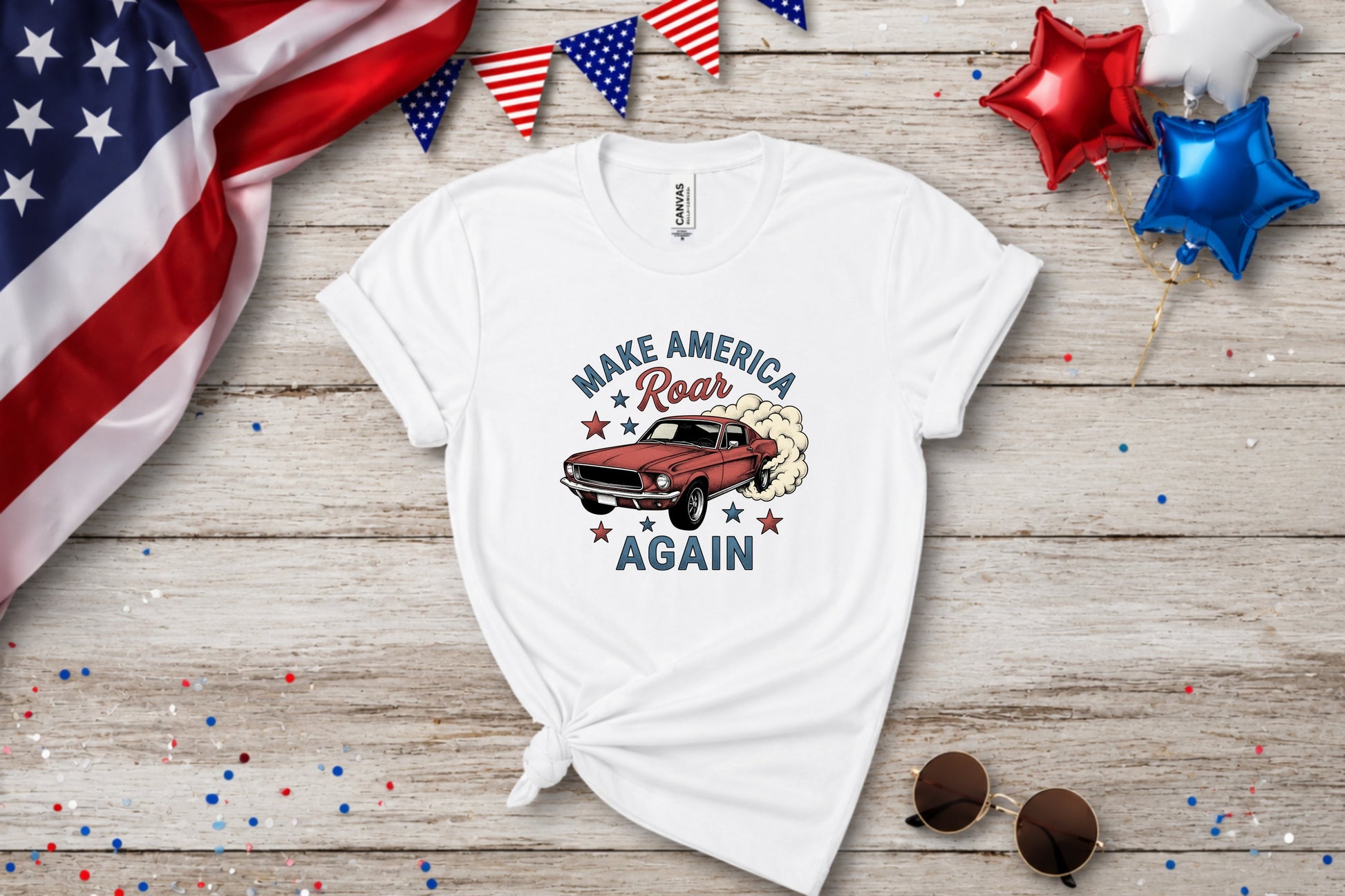White t-shirt with "Make America Roar Again" and a vintage red muscle car.