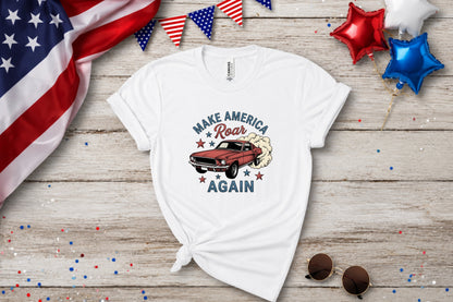 White t-shirt with "Make America Roar Again" and a vintage red muscle car.