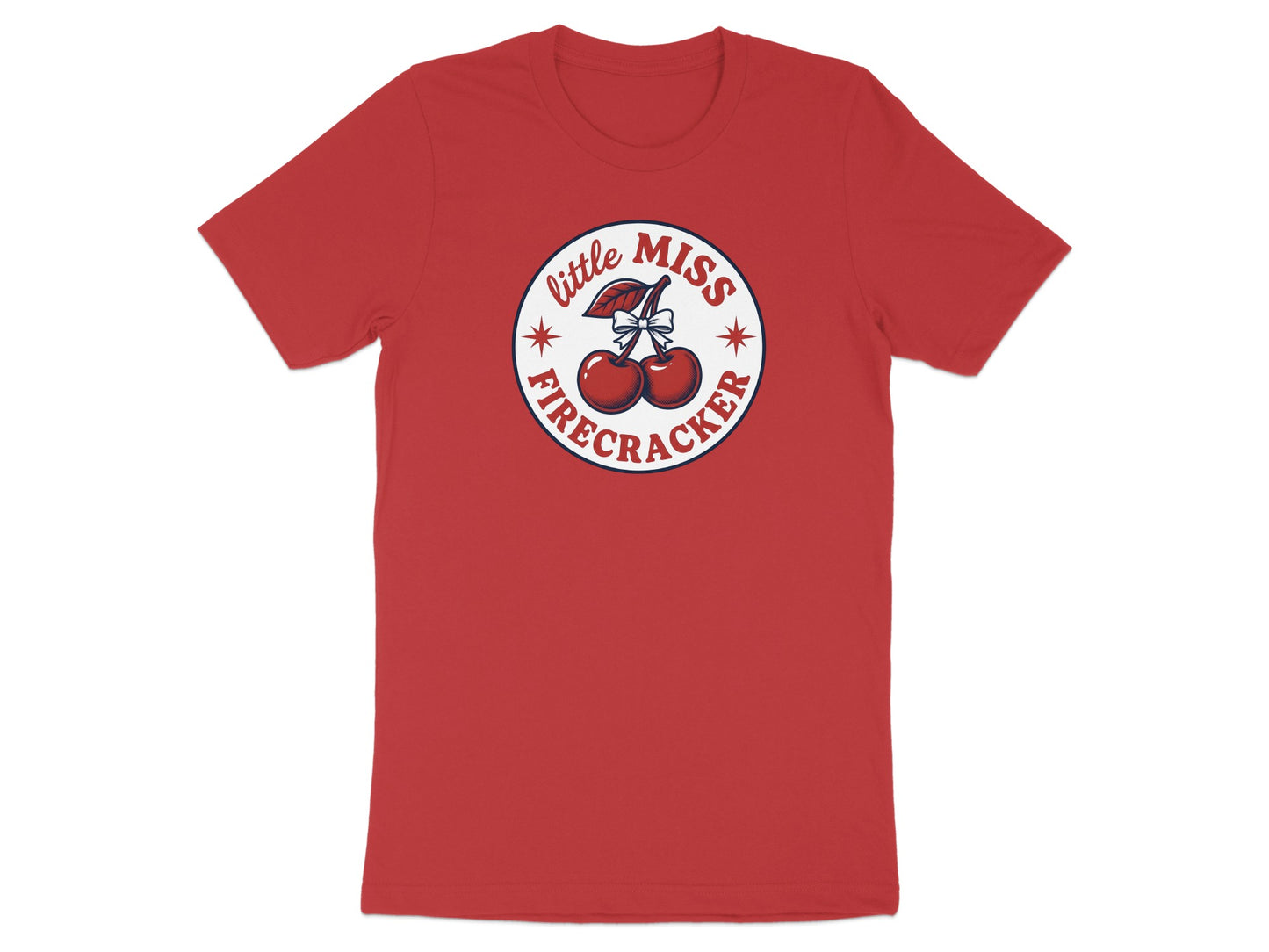 Red t-shirt with "Little Miss Firecracker" text and cherry graphic.