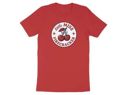 Red t-shirt with "Little Miss Firecracker" text and cherry graphic.