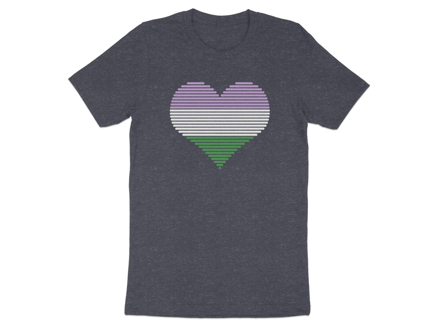 T-shirt with a genderqueer pride flag heart graphic.