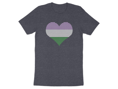 T-shirt with a genderqueer pride flag heart graphic.