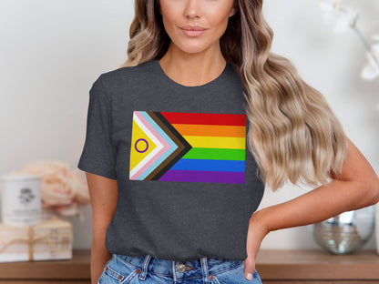 Dark grey t-shirt with progressive pride flag design.