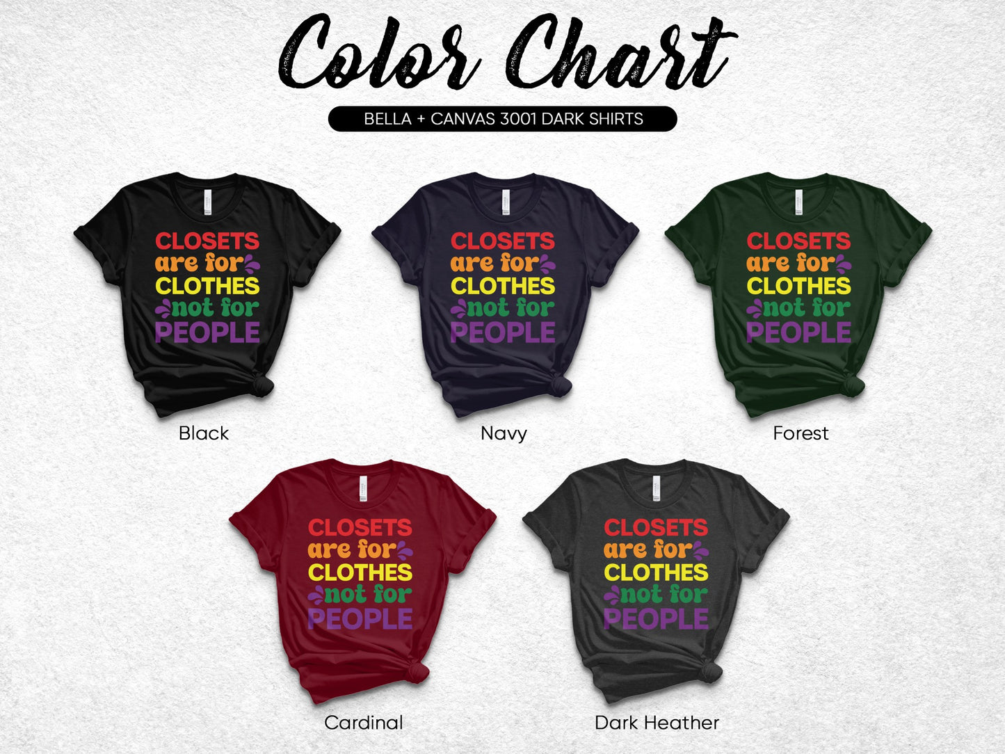 Bella + Canvas 3001 dark shirt color chart showing black, navy, forest, cardinal, and dark heather.