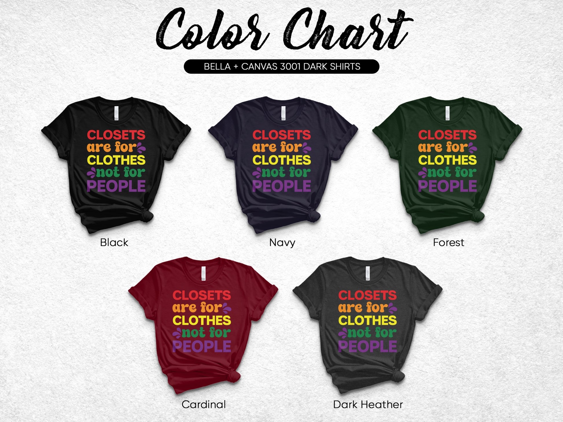 Bella + Canvas 3001 dark shirt color chart showing black, navy, forest, cardinal, and dark heather.