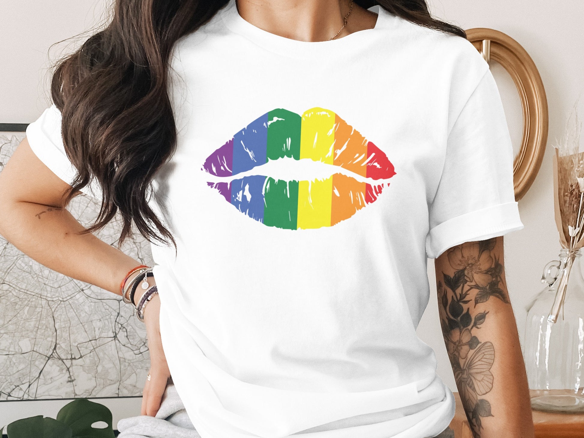 White t-shirt with rainbow pride lips graphic.