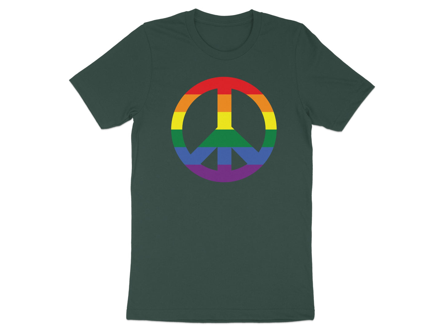 Dark green t-shirt with a rainbow peace sign emblem.