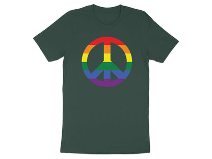 Dark green t-shirt with a rainbow peace sign emblem.