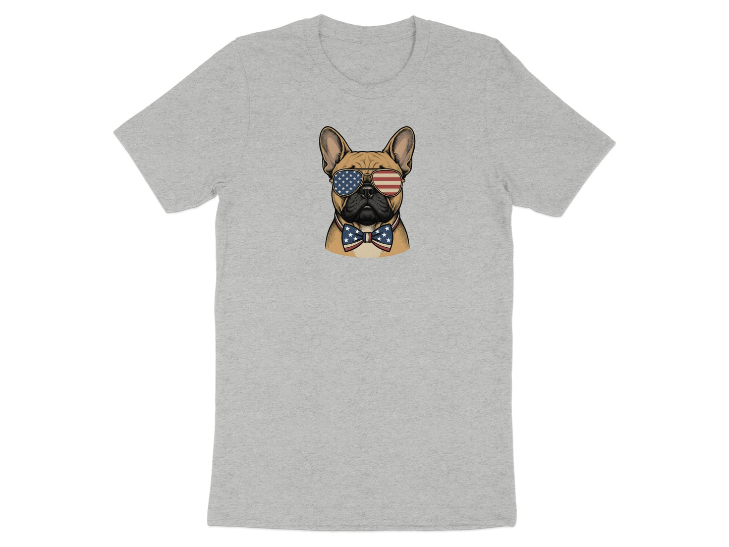 French bulldog wearing American flag sunglasses and bow tie.