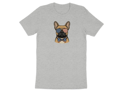 French bulldog wearing American flag sunglasses and bow tie.