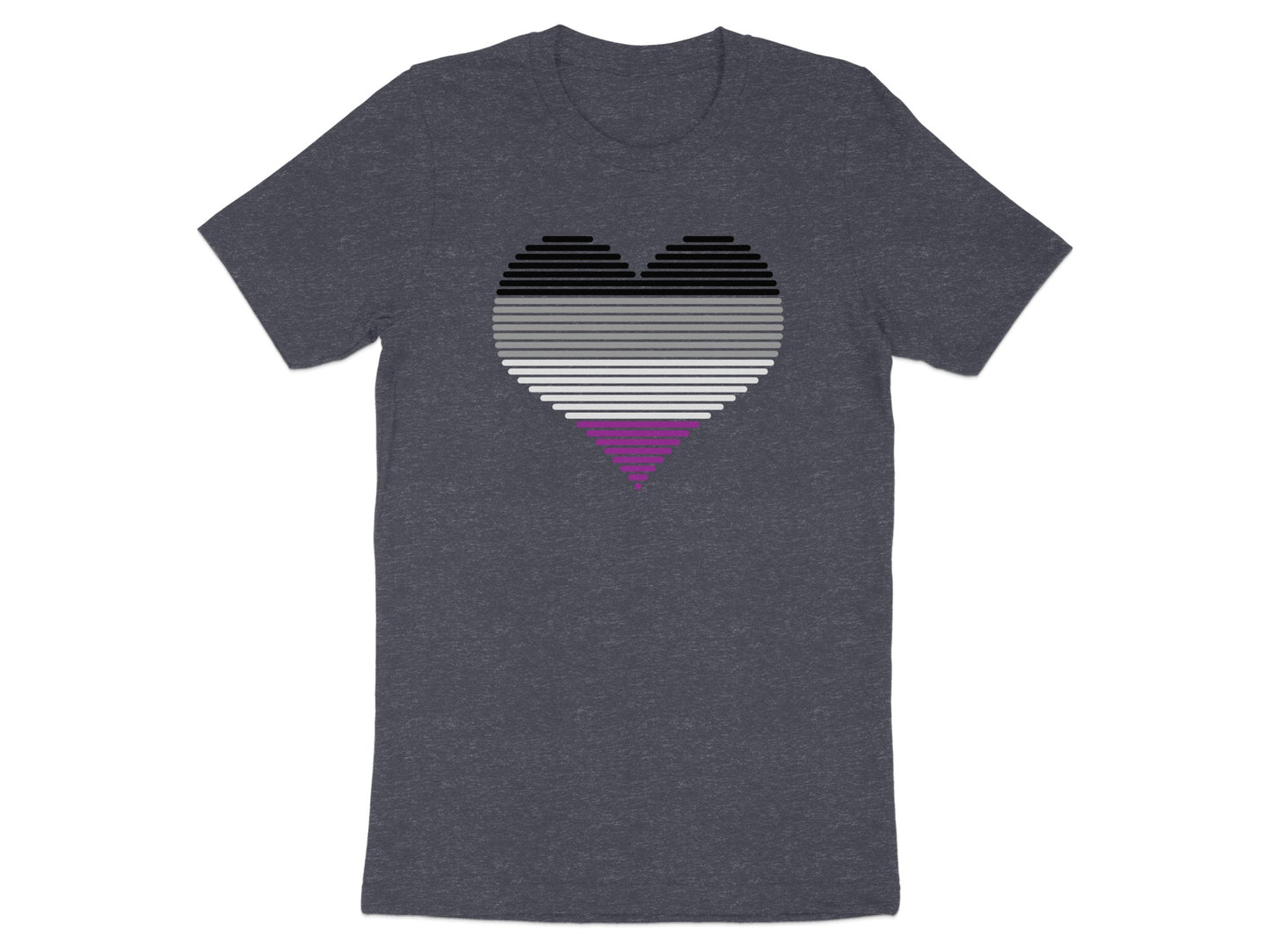 Dark grey t-shirt with a horizontally striped asexual pride heart graphic.