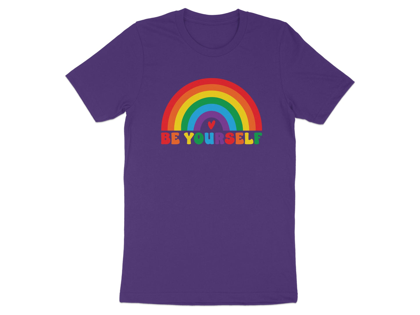 Purple t-shirt with a rainbow and "BE YOURSELF" text.
