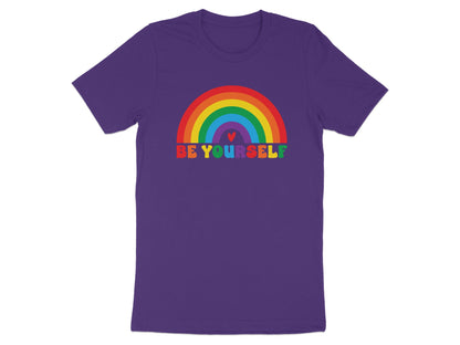 Purple t-shirt with a rainbow and "BE YOURSELF" text.