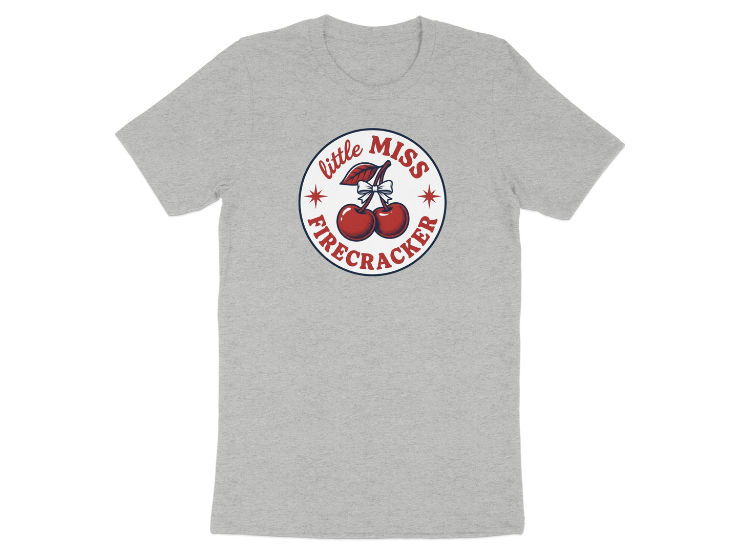 Gray t-shirt with a circular "Little Miss Firecracker" logo.