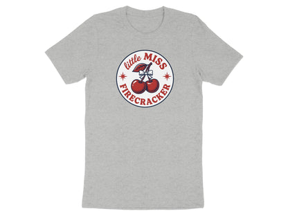 Gray t-shirt with a circular "Little Miss Firecracker" logo.