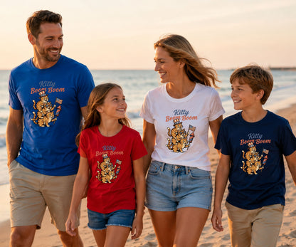 Family walking on beach wearing matching "Kitty Boom Boom" patriotic cat shirts.