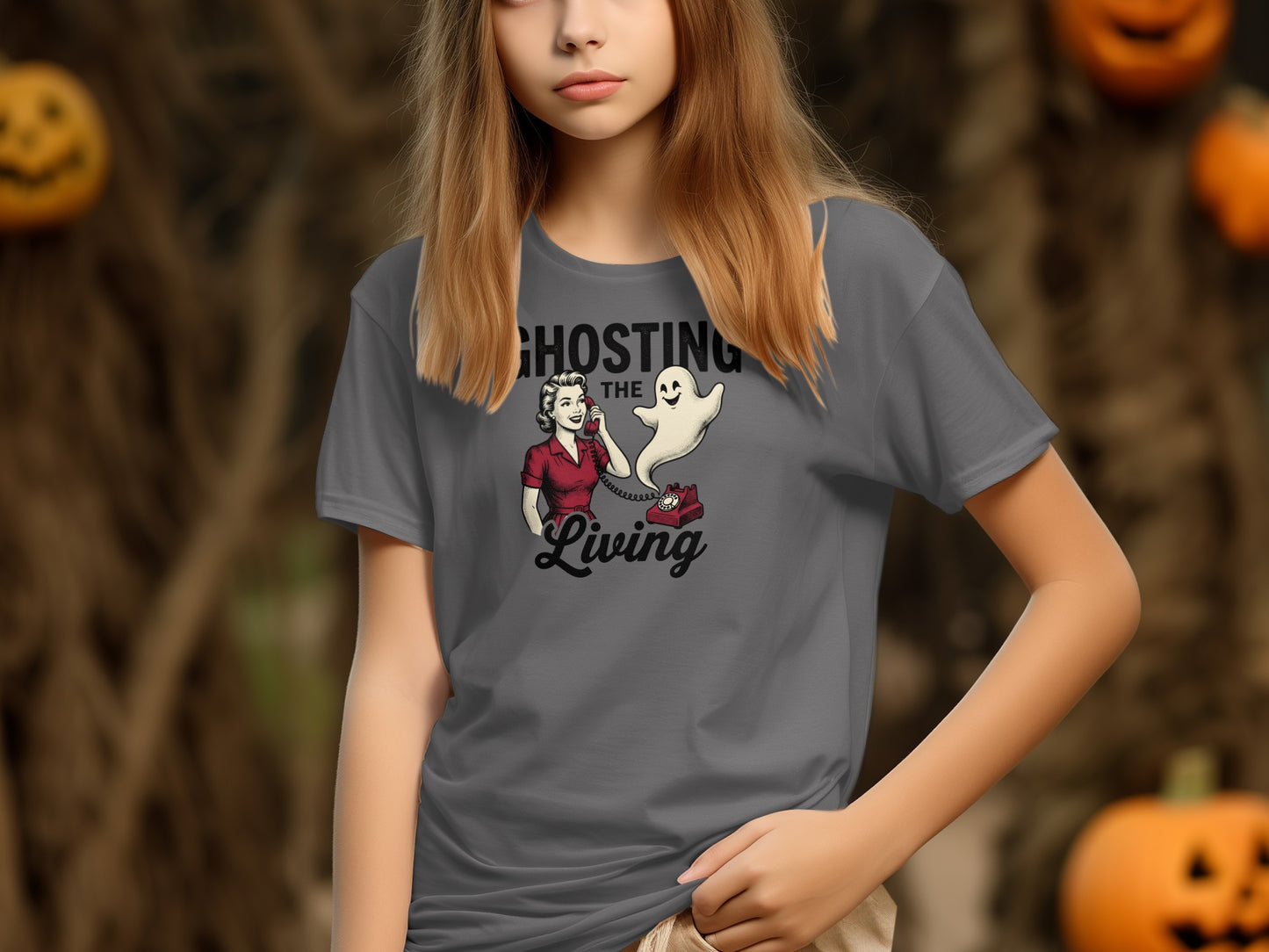Grey t-shirt with graphic "Ghosting The Living" and cartoon ghost on telephone.