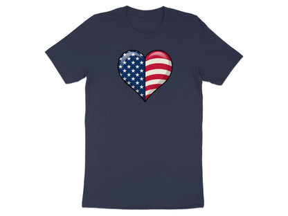 Navy t-shirt with a heart graphic featuring the American flag.