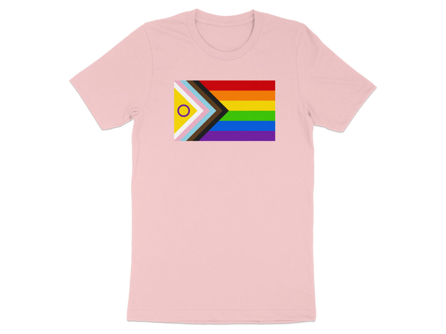 Pink t-shirt with a Progress Pride flag rectangle printed on the chest.