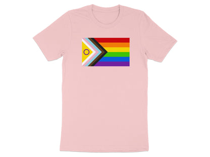 Pink t-shirt with a Progress Pride flag rectangle printed on the chest.
