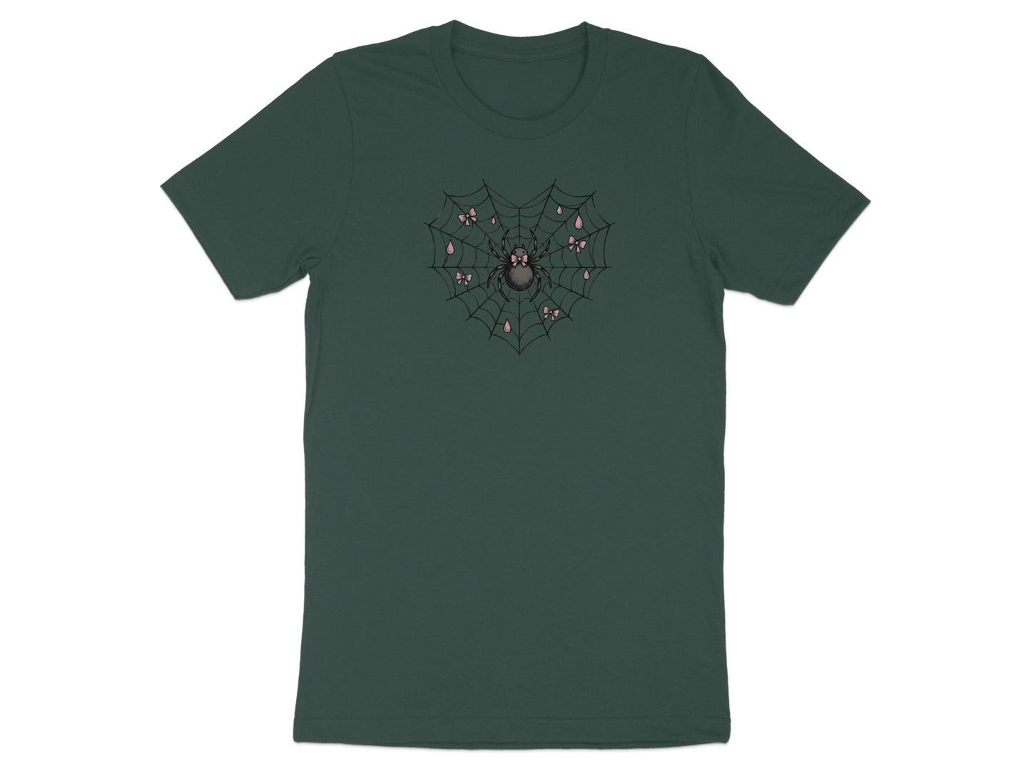 Dark green t-shirt with a heart-shaped spiderweb and pink bow accents.