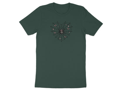Dark green t-shirt with a heart-shaped spiderweb and pink bow accents.
