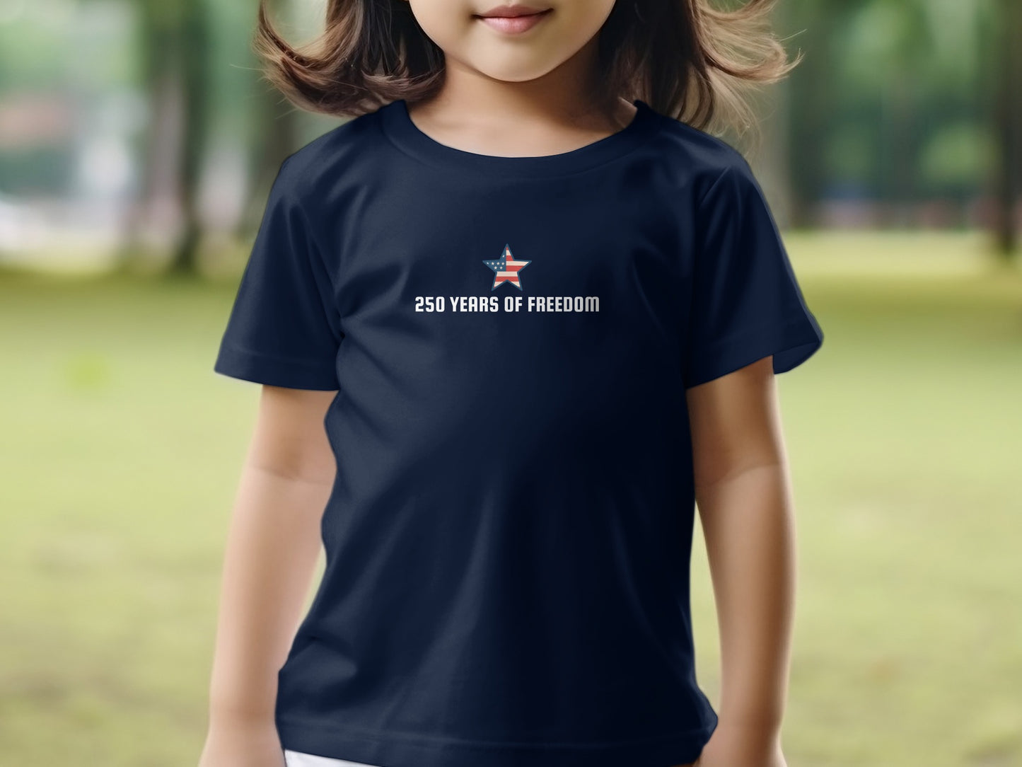 Navy t-shirt with "250 Years of Freedom" and a star emblem.