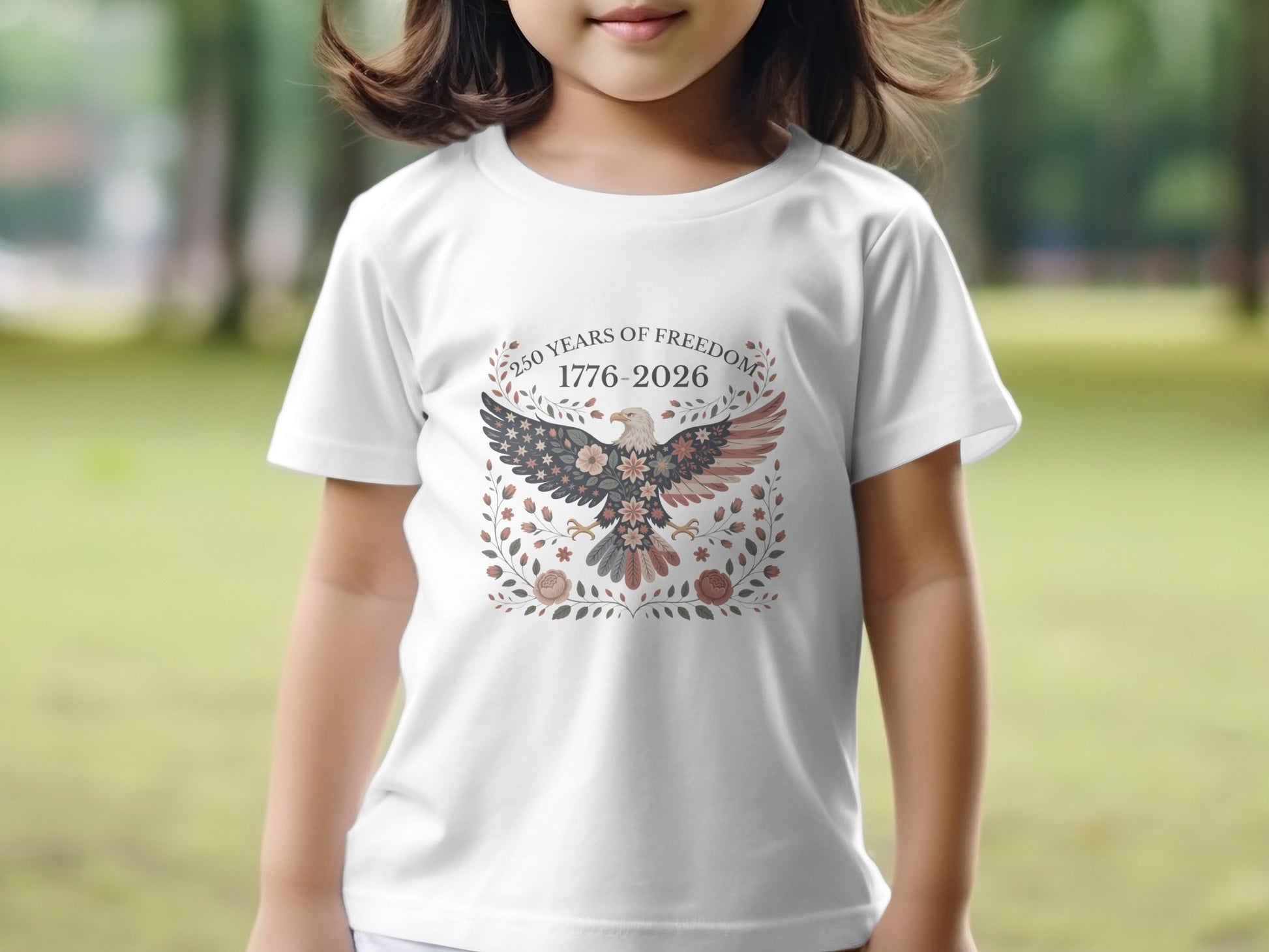 White t-shirt with eagle and floral design, "250 Years of Freedom 1776-2026".
