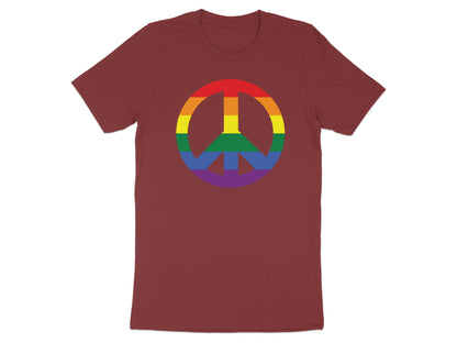 Burgundy t-shirt with a rainbow peace sign design.