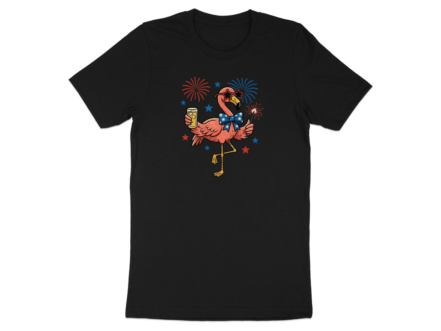 Black t-shirt with cartoon flamingo celebrating Fourth of July with fireworks.