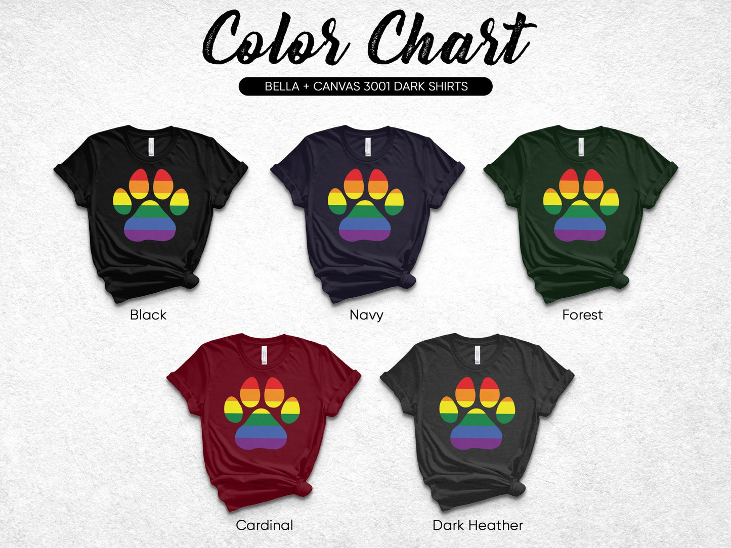 Color chart showing five t-shirts with paw print designs in Black, Navy, Forest, Cardinal, and Dark Heather.