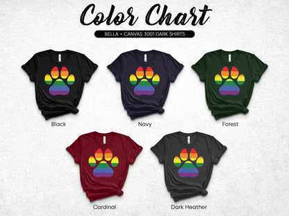 Color chart showing five t-shirts with paw print designs in Black, Navy, Forest, Cardinal, and Dark Heather.